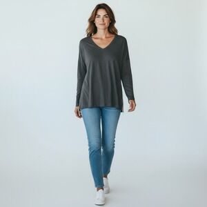 Lisa Todd Women's Black Long Sleeve V-Neck Blouse Top with 'Blah Blah' Trim